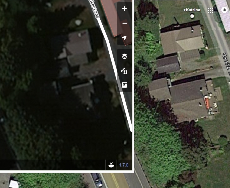 Satellite views of Clinton, Washington. Open Street Map view on the left, Google Maps on the right.