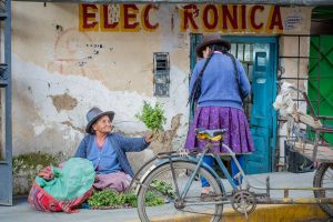 A woman sits on the ground, selling fresh herbs. Above her the wall is painted with the word Electronica, but the T has gone missing.