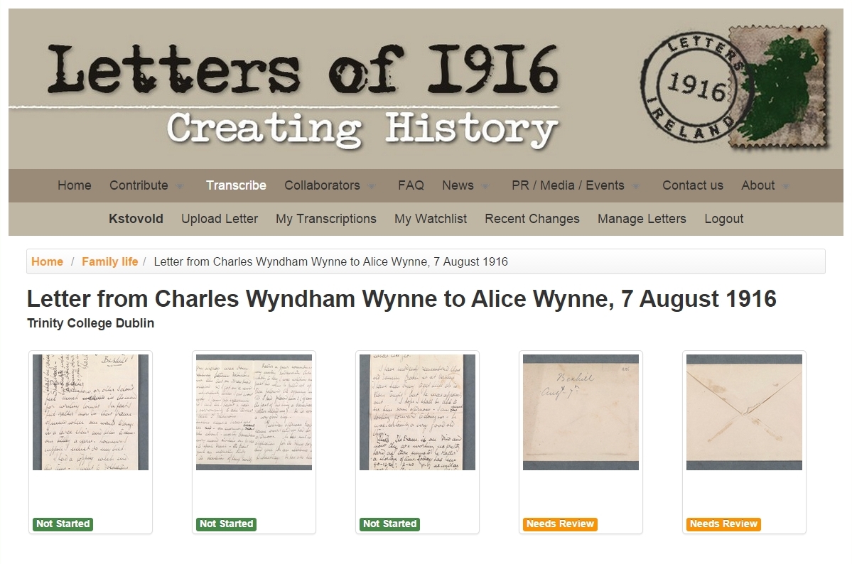 Screenshot of letter selection options on Letters of 1916 website.