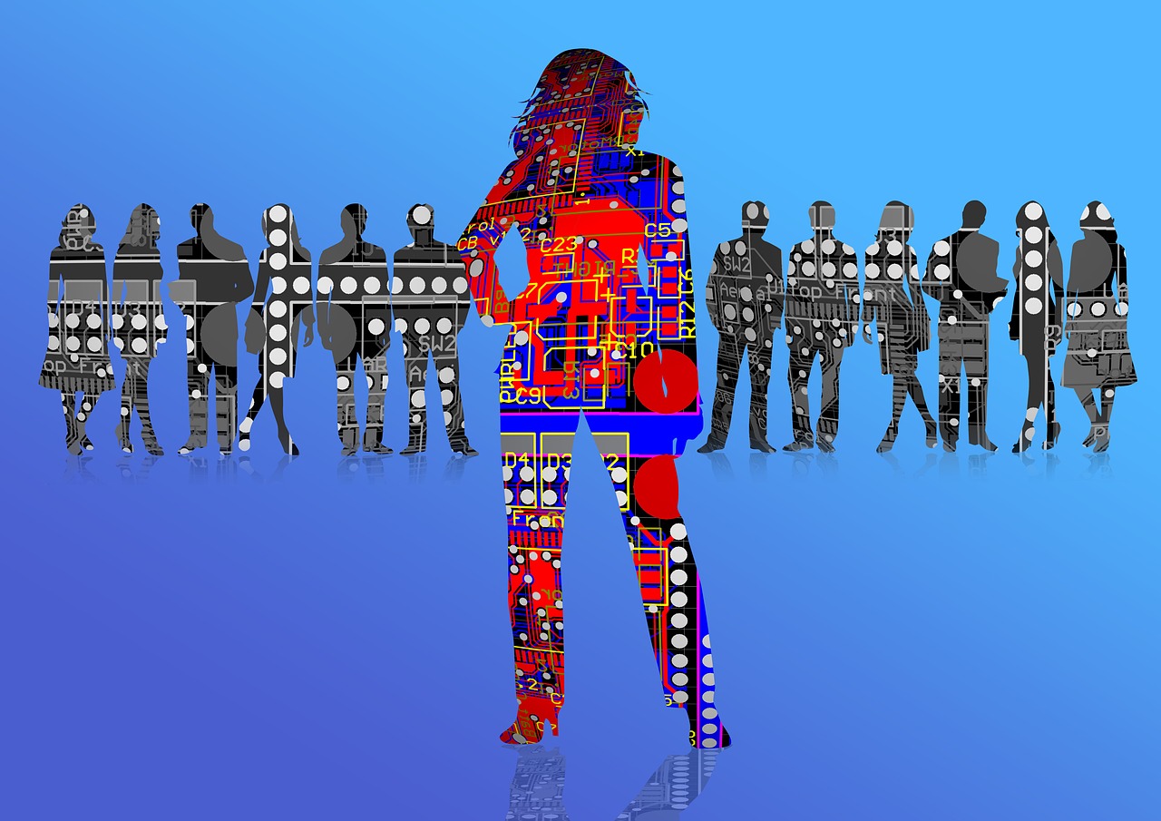 A line of stylised human figures with circuit board patterns running through them. The figure in front appears to be a female-presenting person in business attire.