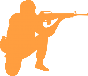 A military person in silhouette, kneeling position, aiming a rifle.