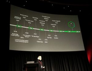 a timeline of motion graphic technology from 1878 through the present on a screen above Colum Slevin on stage