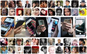 a collage of people's faces, with many different ethnicities respresented, and closeups of hands holding smart phones