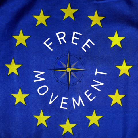 Black and yellow compass rose on a blue background, surrounded by white text. The text says "Free Movement". The Text is surrounded by 12 yellow stars, as in the flag of the EU.